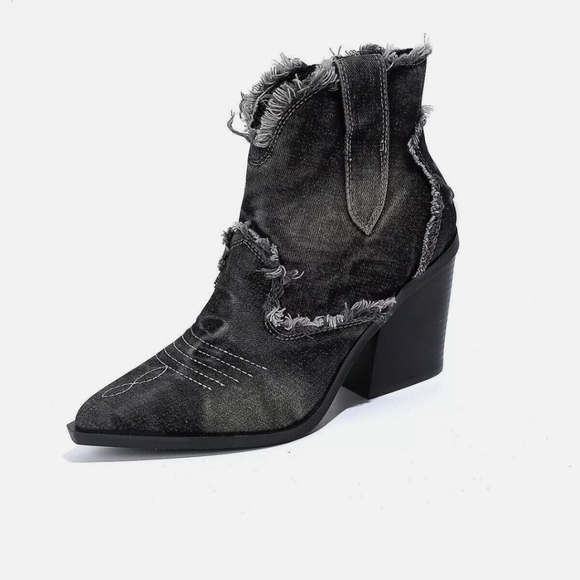 Unbranded Shoes - Western Cowboy Womens Pointed Toe High Chunky Block Heel Ankle Boots Denim Shoes